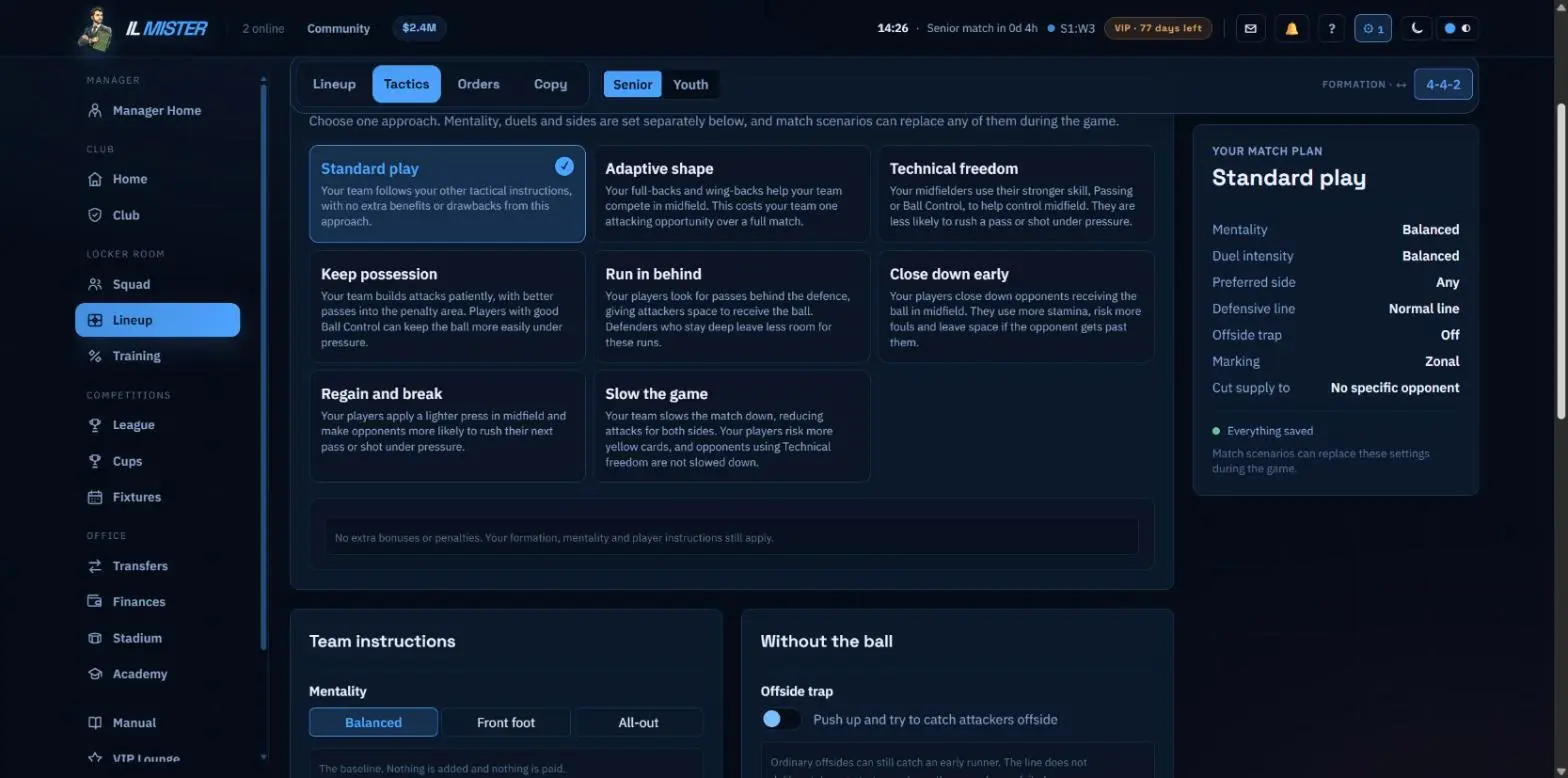 Pagina de tactică din managerul de fotbal online Il Mister, cu stilurile de joc